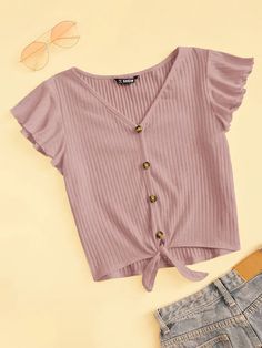 Ribbed Knit Top, Pink Pastel, Knit Tees, Dyed Tops, Fashion Tops, Teen Fashion, Print Tops, Sleeve Styles, Rib Knit