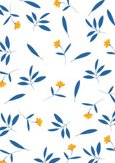 blue and yellow leaves on a white background seamless wallpaper with small orange flowers