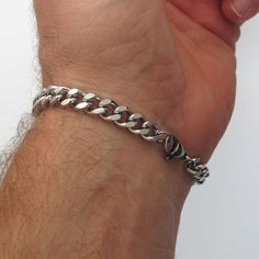 Present for men, Mens Bracelet, stainless steel bracelet, mens gift idea, boyfriend gift, silver chain bracelet, mens jewelry, stainless bracelet High quality bracelet for men, modern minimalist style jewelry. Simple still distinctive curb-link bracelet for him. The bracelet is crafted of quality stainless steel. The bracelet is durable and perfect to any wear. Great everyday cuff. You can make it wet, swim with it in a pool. The bracelet will keep the fine original look because of the quality m Stainless Steel Chain Bracelet For Everyday And Father's Day, Stainless Steel Everyday Chain Bracelet For Father's Day, Minimalist Cuban Link Bracelet In Stainless Steel, Minimalist Stainless Steel Cuban Link Bracelet As Gift, Minimalist Stainless Steel Cuban Link Bracelet For Gift, Silver Stainless Steel Bracelets For Father's Day, Father's Day Silver Stainless Steel Bracelets, Stainless Steel Curb Chain Bracelet Gift, Stainless Steel Cuban Link Bracelet Gift