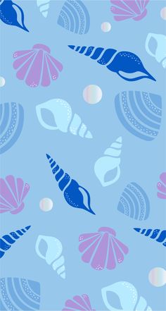 a blue and pink wallpaper with seashells on the bottom right hand corner