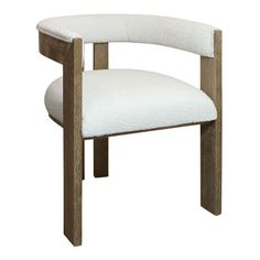 a wooden chair with white upholstered fabric