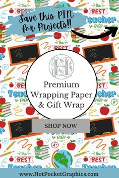 the back to school wrapping paper and gift wrapper is shown with an arrow pointing towards it