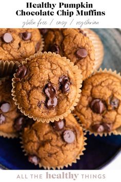 healthy pumpkin chocolate chip muffins on a blue plate with text overlay that says healthy pumpkin chocolate chip muffins