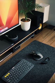 a computer monitor, keyboard and mouse sitting on a desk next to a potted plant