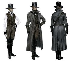 Victorian Bounty Hunter, Bloodborne Outfits Concept Art, Bloodborne Hunter Concept Art, Vampire Hunter Clothes, Bloodborne Reference, Bloodborne Character Art, Bloodborne Character Design, Bloodborne Fashion, Victorian Concept Art