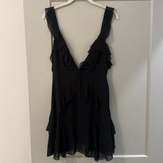 Super Cute On. Can Wear It With Latch Closed Or Open Black Dress With Ruffled Straps For Night Out, Black Mini Dress With Ruffled Straps For Night Out, Chic Black Dress With Ruffled Straps, Black Mini Dress With Ruffled Hem And Straps, Black V-neck Mini Dress With Ruffles, Black Ruffle Dress With Ruffled Straps, Flirty Ruffled Dresses For Going Out, V-neck Mini Dress With Ruffles For Going Out, Black Ruffles Mini Dress For Going Out