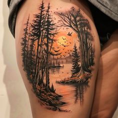 Dazzling Nature Tattoos Tattoo Files Outdoor Scene Tattoo, Mountain Tattoo Leg, Moose Tattoo For Women, Wildlife Tattoo Women, Wilderness Tattoo Sleeve, Adventure Tattoo Nature, Hyper Realism Tattoo, Wildflower Sleeve Tattoo