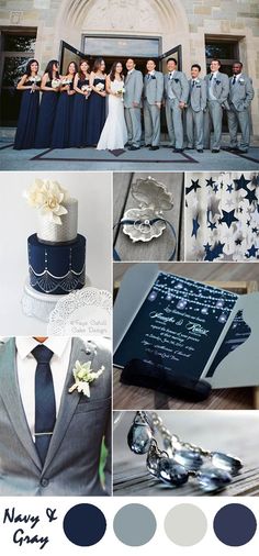 a collage of wedding photos with blue and gray colors