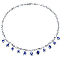 Diamond Necklace with Diamond Halo Sapphire Pears | From a unique collection of vintage Link Necklaces at https://www.1stdibs.com/jewelry/necklaces/link-necklaces/. Luxury Sapphire Birthstone Necklace, Sapphire Diamond Necklace Shane Co., 1stdibs Jewelry, Diamond And Sapphire Necklace, Blue Diamond Necklace, Blue Necklaces, Sapphire Diamond Necklace, Necklace With Diamond, The Bling Ring