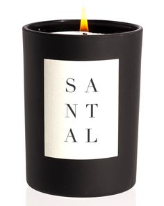 a candle that is sitting in front of a white background with the words sauntal on it