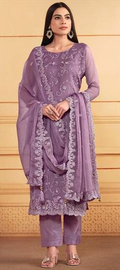 Purple and Violet color Salwar Kameez in Organza Silk fabric with Embroidered, Resham, Sequence, Thread work Luxury Purple Art Silk Salwar Kameez, Violet Color, Thread Work, Embroidered Silk, Salwar Kameez, Dress Materials, Silk Fabric, Custom Sizing, Violet