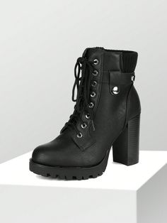 Black Fashionable Collar   Plain Combat Boots,Classic Boots Embellished   Women Shoes Fall Boots Heels, Healed Boots, Heeled Combat Boots, How To Wear Ankle Boots, Black Combat Boots, Pointed Toe Boots, Zipper Boots, Classic Boots, Black High Heels