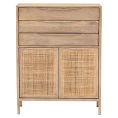 the sideboard is made out of wood and has rattan panels on it, along with an open drawer