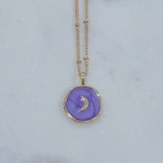 Purple drop oil gold charm with a crescent moon on a 14k gold plated satellite chain. Necklaces are 16 inches in length and have a 2 inch extender chain. Crescent Moon, Moon Necklace, Gold Charm, Moon, Gold Plate, Plating, Chain, Beads, Purple