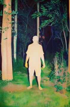 a painting of a man standing in the middle of a forest with trees and grass