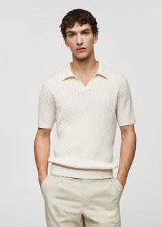 100% braided cotton polo - Men | Mango Man USA Cotton V-neck Top With Ribbed Collar, Casual V-neck Polo Shirt With Ribbed Collar, Classic Cotton V-neck Polo Sweater, Summer Polo Sweater With Ribbed Collar For Work, Cotton Polo Shirt With Textured Knit Collar, Cotton Textured Knit Polo Shirt With Collared Neckline, Cotton V-neck Polo Sweater For Workwear, Summer Workwear Polo Sweater With Ribbed Collar, Classic V-neck Polo Shirt With Ribbed Collar