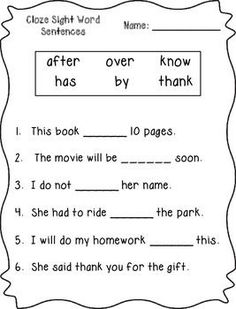 worksheet for reading the sight words