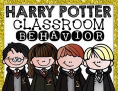 harry potter classroom behavior poster with three children in black and white robes, gold glitter background