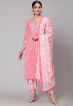 Pure Cotton Punjabi Suit in Pink This Readymade attire is Enhanced with Bandhej Print, Mirro Effect, Zari and Sequins Work. Crafted in Notched Round Neck and Quarter Sleeve Available with a Pure Cotton Salwar in White and Dark Peach and a Tie Dyed Poly Cotton Dupatta in White The Kameez and Bottom Lengths are 46 and 38 inches respectively Do note: Accessories shown in the image are for presentation purposes only and length may vary upto 2 inches.(Slight variation in actual color vs. image is pos Festive Bandhani Print Sets For Spring, Festive Spring Sets With Bandhani Print, Traditional Bandhani Print Sets For Spring, Pink Cotton Sets With Resham Embroidery, Pink Cotton Wedding Sets, Pink Cotton Dupatta With Bandhani Print, Pink Cotton Sets With Zari Work, Pink Cotton Dupatta Set, Pink Self Design Dupatta For Spring