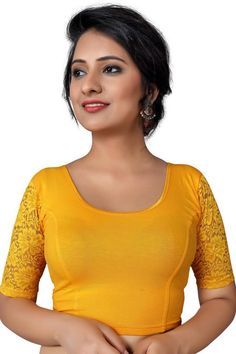 Product Features: Blouse Color: yellow Blouse Fabric: Cotton Lycra Blend Blouse Work: Solid Blouse Closure: Stretchable Blouse Type: Non-Padded Blouse Sleeves Type: Elbow Sleeves Blouse Neck Type: Round Neck Product type: Saree Blouse Occasion: Partywear Disclaimer: There will be slight difference in digital to actual image Long Sleeve Saree Blouse, Stretchable Blouse, Designer Blouses Online, Blouse Design Images, Saree Blouse Patterns, Indian Blouse, Lycra Fabric, Velvet Blouses, Readymade Blouse