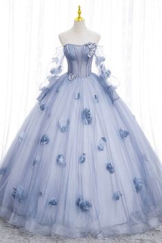 Dresses Fancy Gowns, Off The Shoulder Quinceanera Dress, Prom Dress With Flowers, Blue Tulle Prom Dress, Extra Dresses, Pretty Quinceanera Dresses, Dress With Flowers, Gaun Fashion, Long Sleeve Prom