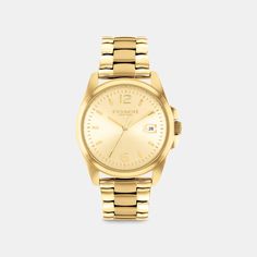 The epitome of refined sophistication Greyson is a polished go-everywhere timepiece. Featuring a mix of numerical and stick markers this gold-tone bracelet design is finished with a Coach Signature date window and marker at 3 o’clock. | Coach Greyson Watch, 36 Mm - Women's - Gold Bracelet Design, 3 O Clock, O Clock, Bracelet Designs, Sales Gifts, Belt Bag, Time Piece, Womens Watches, Markers