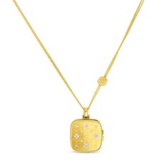 Lock up a great look with this Roberto Coin locket on a chain from the designer's Venetian Princess collection. Crafted in satin-finished 18K yellow gold, the square-shaped ornamental case on a 34" chain will hold a photo or memento with sentimental value with style. Diamond embellishment and rope-edged details add depth and dimension. A small square with a single diamond is stationed along the double chain. This pendant necklace from Robert Coin is a piece of jewelry that houses romantic rememb Yellow Gold Coin Necklace With Round Pendant, Fine Jewelry, Roberto Coin Venetian Princess, Luxury Gold-tone Locket Necklace, Vintage Roberto Coin Necklace, Luxury 14k Gold Tarnish-resistant Coin Necklace, Diamond Locket, Lock Up, Locket Pendant Necklace, Roberto Coin