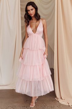 Auguste Tiered Frill Midi Dress Blush Blush Pink Bridesmaid Dress, Blush Pink Gown, Pink Maternity Dress, Blush Pink Bridesmaids, Maternity Gown, Yellow Bridesmaids, Pink Gowns, Photoshoot Dress, Blue Bridesmaids