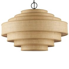 a wooden chandelier hanging from the ceiling with a light fixture on top of it