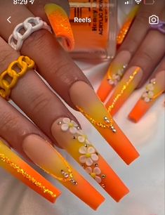 October Nails Fall Coffin, Spring Xl Nails, 3d Acrylic Nail Art, Exotic Nail Designs, Ongles Bling Bling, Orange Acrylic Nails, Planet Nails, Diy Acrylic Nails, Nails Design With Rhinestones