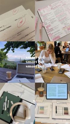 a collage of photos with people working on laptops and papers