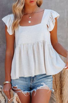 Full Size Ruffled Square Neck Cap Sleeve Blouse – Charming Charlie Cap Sleeves Blouse, Square Neck Top, Sleeves Clothing, Weave Style, Flutter Sleeve Top, Babydoll Top, White Top, Square Neck, Casual Tops