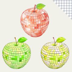 three different colored apples with green leaves on them