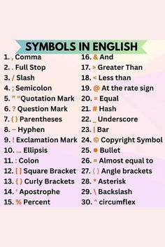 a list of symbols in english with the names and numbers on it, including an arrow