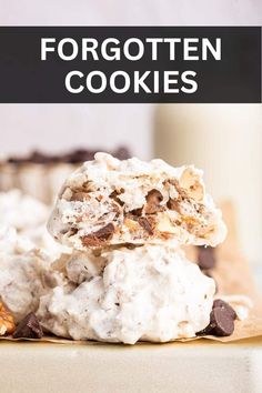 chocolate chip cookies stacked on top of each other with the title text overlaying