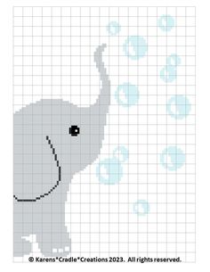 an elephant cross stitch pattern in grey and blue with black dots on the back ground