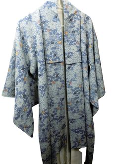 Authentic silk vintage kimono. Slight wear in hem on neck area. In good condition. Ships from Japan. Length: shoulder to heel: 66.5" wing span: 50" Formal Spring Kimono With Kimono Sleeves, Blue Kimono For Spring Tea Ceremony, Vintage Silk Kimono For Summer, Summer Vintage Silk Kimono, Blue Long Sleeve Vintage Kimono, Instagram Jewelry, Floral Kimono, Vintage Kimono, Leather Handmade