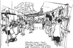 black and white drawing of people shopping at an outdoor market with clothes hanging up to dry