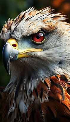 a close up of a bird of prey with red eyes and an eagle like head