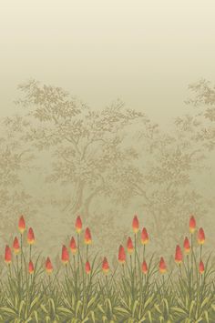 an image of flowers in the grass with trees behind them on a foggy day