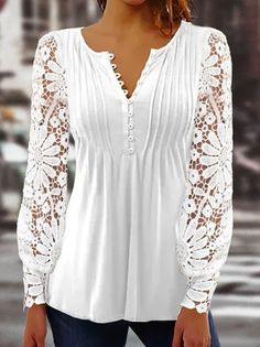 zolucky Women Lace Blouse, Lace Button, Lace Top Long Sleeve, Autumn Clothes, Pleated Blouse, Elegant Blouses, Sleeves Clothing, Collars For Women, Women Shirts Blouse