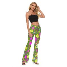 Flare Pants, 70s Hippie Pants, Floral Pants, Wide Leg Pants, Green Flare Pants,Retro Pants,70s style Pants,Wide Leg Yoga Pants,Mod 60s pants Custom made and hand sewn to order. **Size up since these runs small. I wanted to create a hippie floral wide leg pants style since I seldom see this style in this print. Wide waist band. Hip Flare bottom pants style. Fun for everyday wear or yoga. Perfect with platform heels or chunky high heels. ● Fabric:Micro Fiber(95% Polyester and 5% Spandex) ● Slim fi 60s Pants, 70s Mode, Pants Custom, Wide Leg Yoga Pants, Leg Yoga, Retro Pants, Mod 60s, Hippie Pants, 70s Hippie