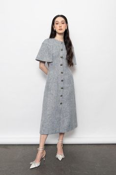 Tweed Midi Dress, Tweed Material, Calf Length Skirts, Mean Blvd, Fancy Buttons, Calf Length Dress, Grey Background, Professional Outfits, Button Design