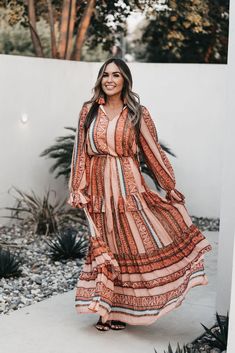 Chic Long Sleeve Maxi Dress With Boho Print, Long Sleeve Bohemian Dress For Fall, Bohemian Orange Maxi Dress For Fall, Orange Long Sleeve Boho Dress With Print, Orange Bohemian Long Sleeve Maxi Dress, Orange Long Sleeve Boho Dress, Orange Long Sleeve Bohemian Maxi Dress, Bohemian Long Boho Dress For Fall, Orange Long Sleeve Bohemian Dress