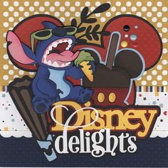 an image of disney delights card with cartoon characters in the back and on the front