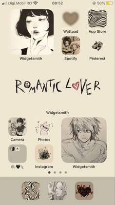 an iphone screen with the words romantic love written on it and various pictures in different languages