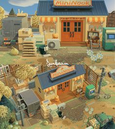 an animated image of a small town with lots of buildings and trucks in the background