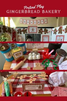 the gingerbread bakery table is set up with cookies, candy and other items for baking