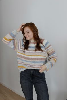 Oversized alpaca sweater is my big love! Cozy and warm, stylish and a little bit fluffy, simple, but so perfect - it's al about this handknitted sweater! This one is zero waste as I used my yarn leftovers to create it! One of a kind☺️ Its me, Jane, on pictures - 5'5' usually wearing size s This sweater looks perfectly with jeans, pants, skirt and dress! ♥MATERIAL: 68% alpaca, 28% polyamide, 7% wool ♥COLOR: One if a kind mix of pastels  ♥SIZE: ONE SIZE: approx 57 cm wide, 65 cm long  Colors can b Pastel Knit Sweater For Fall, Handknitted Sweater, Big Comfy Sweaters, Pastel Sweater, Patchwork Sweater, Sweater Chunky, Sweater Striped, Pants Skirt, Alpaca Sweater