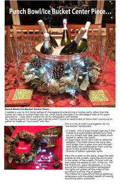 a table with wine bottles and pine cones on it, surrounded by other items from the centerpiece